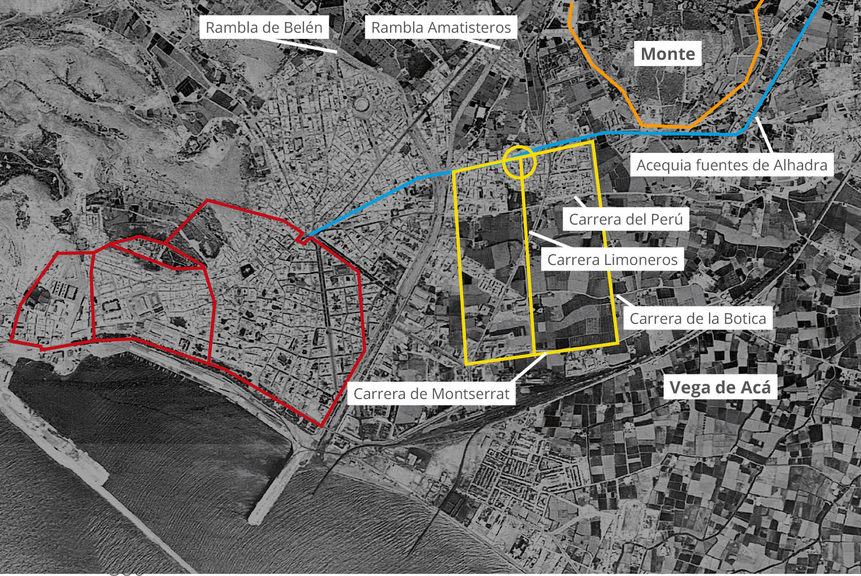 Plano hipotético de ubicación de la almunia Al-Sumahidiyya a levante de la ciudad de Almería, según Julio Navarro y Lorenzo Cara.